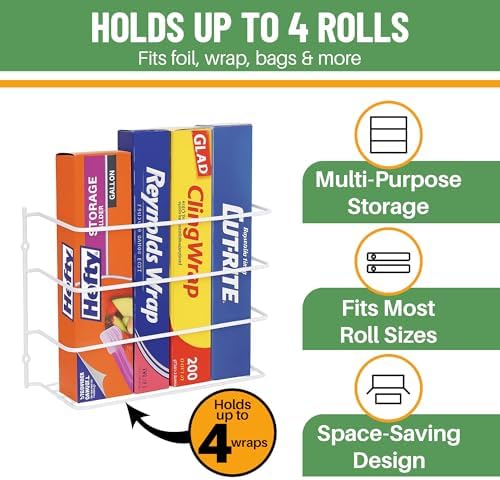 Evelots Kitchen Wrap & Food Bag Organizer Wall/Cabinet Mount, 4-Pack, White | Four baskets mount inside a cabinet or on a wall to keep foil, plastic wrap and food bags organized, saving counter space.