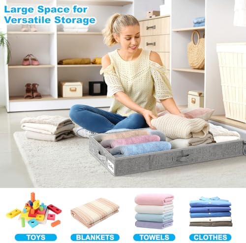 Under Bed Storage Container Bins 2 Pack, 4.5 Inch Slim Low Profile Underbed Clothes Storage Organizer for Dorm & Home, Use for Blanket and Toy Storage Box W/ Sturdy Bottom/Sides, Foldable Thick Fabric