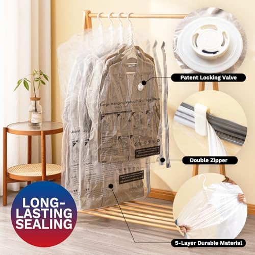 Hanging Vacuum Storage Bags, Space Saver for Clothing, 4 Long with Pump | Vacuum Seal Bags for Clothing with Electric Pump, Hanging Garment Storage for Jackets, Suit, Dresses, Winter Closet Organizer