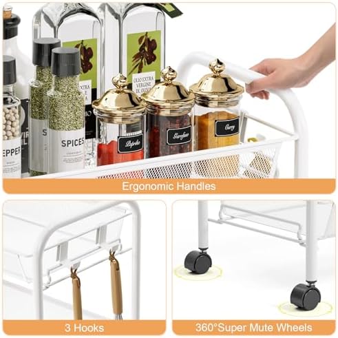 TOOLF 3 Tier Rolling Cart, Metal Utility Storage Cart with Wheels, White | 3 Hooks, Screwless Assembly, Trolley Organizer for Bathroom, Kitchen, Office, Nursery, Dorm, Laundry Room