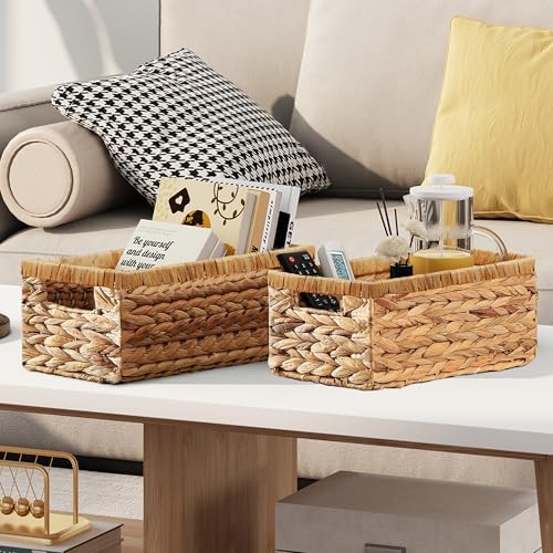 Vagusicc Wicker Storage Basket, Set of 2 Hand-Woven Water Hyacinth Wicker Baskets for Organizing Decor Storage Bins for Counter Shelves Pantry Basket Small Toilet Paper Basket for Toilet Tank Top