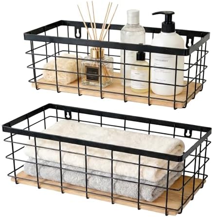ShabbyDecor Metal Wire Basket for Kitchen Cabinets,Pantry,Bathroom,Set of 2 | Detachable Wood Base Metal Storage Organizer, Farmhouse Hanging Basket