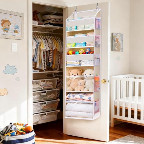 5 Tiers Over the Door Organizer with 10 Mesh Side Pockets, 44 lbs Weight Capacity Closet Hanging Storage Organizer with Large Clear Window Kids Toys, Shoes, Diapers, Beige，2 Pack