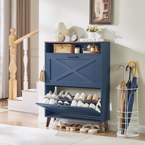 Joaxswe Narrow Shoe Cabinet with 2 Flip Drawers for Entryway,Dark Blue