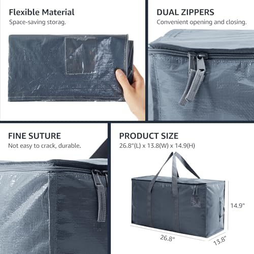 Moving Bags Heavy Duty Extra Large, Moving Boxes, Moving Supplies Essentials,Storage Bins with Lids, Plastic Packing Totes, Storage Bags for Clothes with Handles & Zippers(Grey, 4 Pack)