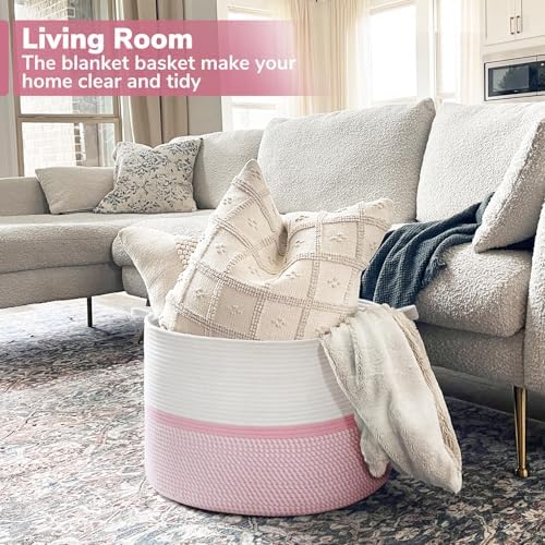 CHICVITA XXL Cotton Rope Woven Blanket Basket with Handles, Pink