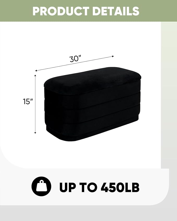 B FSOBEIIALEO 30" Velvet Storage Ottoman Long Bench with Tray, Black | Folding Ottoman with Storage, Coffee Table Shoes Storage Bench for Bedroom, Living Room