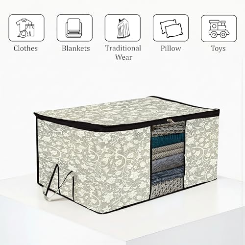 Kuber Industries Underbed Storage Bag | Clothes Storage Organizer | Blanket Cover with Clear Window | Zipper Closure & Handle Cloth Organizer | Flower-Design | Large | Pack of 2 | Black