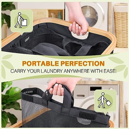 160L Laundry Hamper with Lid, 3 Section Laundry Basket with 3 Removable Bag | Clothes Hampers for Laundry with Bamboo Frame Handle, Large Dirty Clothes Hamper for Laundry Room, Bathroom, Bedroom, Grey