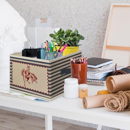 Western Cowboy Nursery Foldable Storage Bins Box with Handles, Retro Blue Striped Western Collapsible Toys Books Clothes Organizer Basket for Kids Boy Nursery Room Bedroom Bathroom Playroom