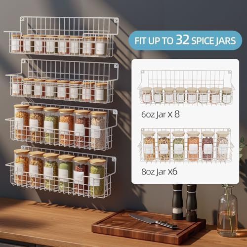 Spice Rack Wall Mount, 4 Pack Spice Organizer, White