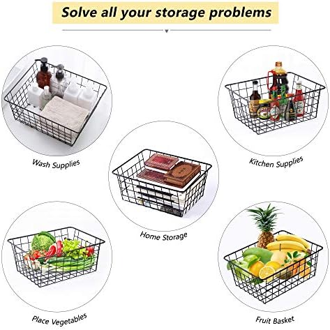 Wire Baskets for Organizing 4 Pack Pantry Baskets For Storage 11x8.7x4.7in | Wire Baskets for Kitchen Refrigerator Freezer Cabinet Shelf Garage,Metal Bin with Side Handles for Easy Pull (Black)