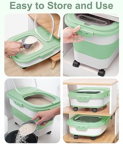 20-30 Lbs Rice Storage Container,Collapsible Food Storage Container | Flour Storage Container with Wheels Airtight Locking Lid,Cat Food Container Double Seal,Keep Fresh for Pet Food,Rice,Flour