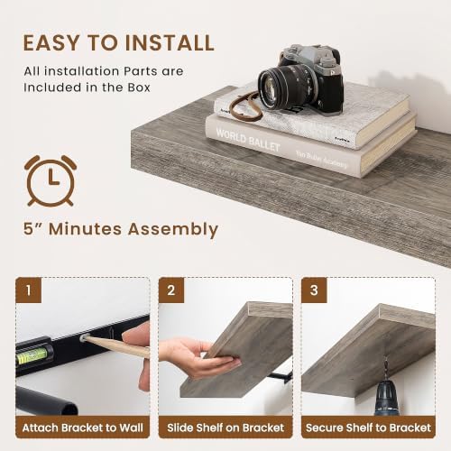 Floating Shelves for Wall, Wall Mounted Wood Shelves, Grey, Set of 2, 32in | Wood Floating Shelf with Invisible Brackets for Living Room, Bathroom, Bedroom, Kitchen, Hanging Shelf for Storage and Decor