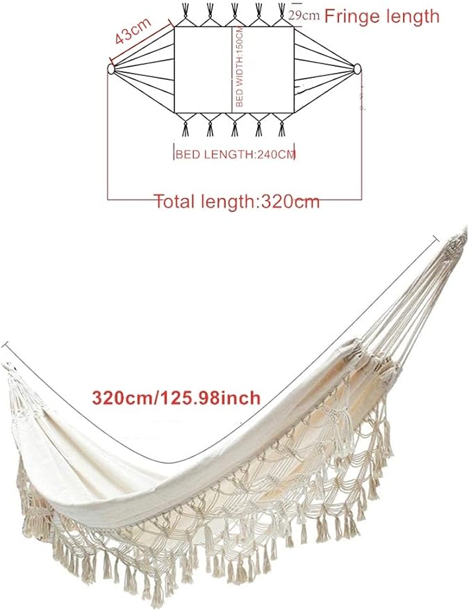 Outdoor Hammock Garden Cotton Hammock Macrame Fringe Hammocks Boho Balcony Hammocks with Handmade Tassels 2 Person Double Hamock 480lbs for Home,Backyard,Beach,Patio