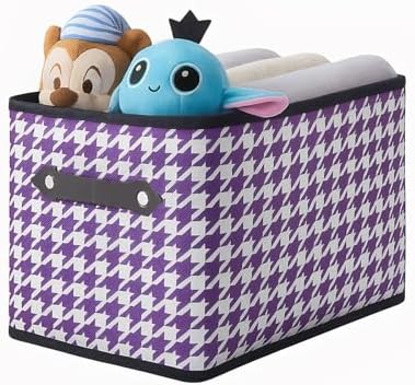 1 Pack Large Collapsible Storage Baskets for Shelves,14.9"x9.5" Fabric Closet storage Boxes with Leather Handles,Decorative Organizers Storage Bins for Clothes,Sheets,Books,(Purple Houndstooth