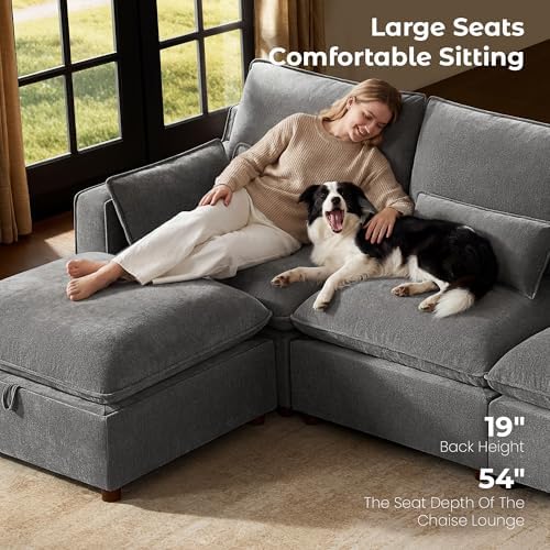 WorthFurni Modern Modular Sectional Sofa,105" V Shape Sectional Cloud Couch with Storage Ottoman,Comfty 6 Seat Sofa for Living Room,Grey Chenille