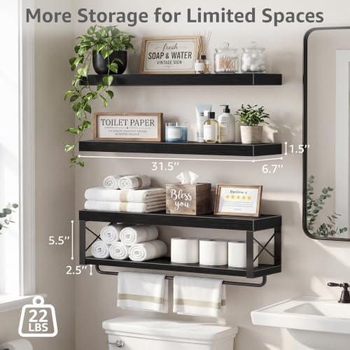 QEEIG Bathroom Shelves Over Toilet - Floating Shelf for Wall Toilet Paper Storage Farmhouse 32 inch Long Set of 3, Black (029-80B3)