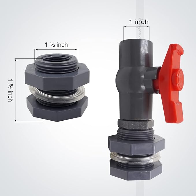 rain Barrel Spigot 1 inch PVC Bulkhead Adapter 1" I.D. Female Thread Red Switch Valve Garden kit, for 5/2.5/50/55/100 Gallon Water Tank rainwater stock