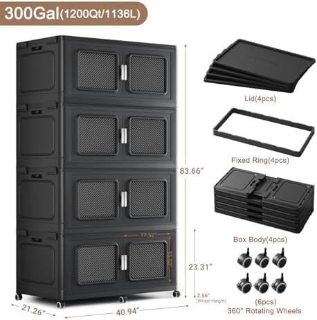 BROVIEW 1200 Qt Extra Large Stackable Storage Bin with Lids, 4 Pack Black