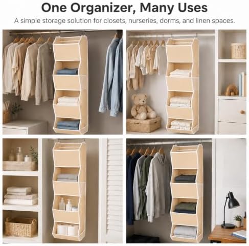 4-Shelf Hanging Closet Organizer and Storage, Fabric Storage Bins Bedroom Organization with Mesh Pockets, Collapsible Hanging Shelves Wardrobe Organization for Home, Dorm, Rv (Beige)