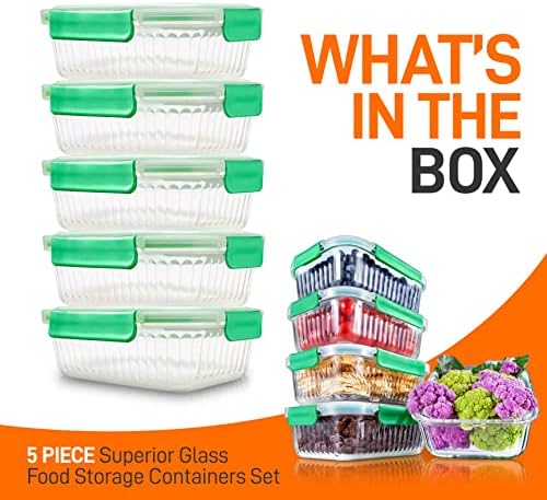 NutriChef 10-Piece Glass Food Storage Containers Set – (5 BPA-Free Airtight Meal Prep Containers with 5 Vented Locking Lids), Stackable & Oven Safe, Leakproof, Reusable, Freezer & Microwave Friendly