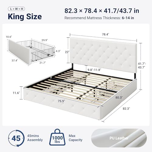 Allewie King Size Storage Bed Frame with 4 Underbed Drawers, White