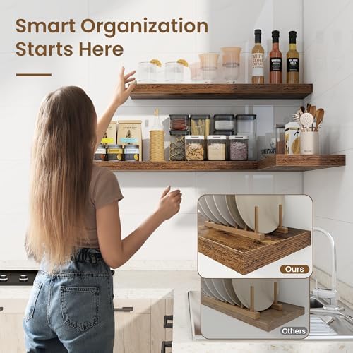 Marsmiles 24in Floating Shelves for Wall, 24" W x 9.25" D x 1.25" H, 2 Pack Long Wall Mounted Engineered Wood Shelves with Invisible Brackets for Living Room, Bedroom, Bathroom, Kitchen, Rustic Brown
