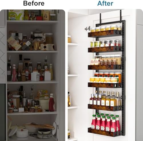 BUKFEN 6-Tier Over the Door Pantry Organizer, Adjustable Basket Spice Rack | 2-IN-1 Door & Wall Mounted, Heavy Duty Metal Storage Shelf,12 Hooks, Back of Door Organizer for Kitchen, Bathroom, Closet