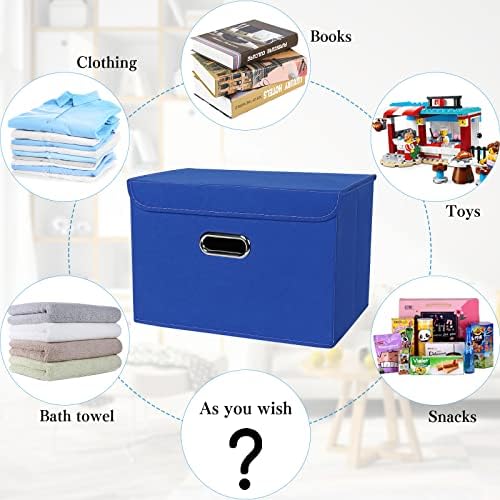 STOREONE Fabric Storage Cube Bins Foldable Organizer Container Collapsible Basket with Lids and Metal Handles, for Home, Bedroom, Closet 3 Pcs (Dark Blue)