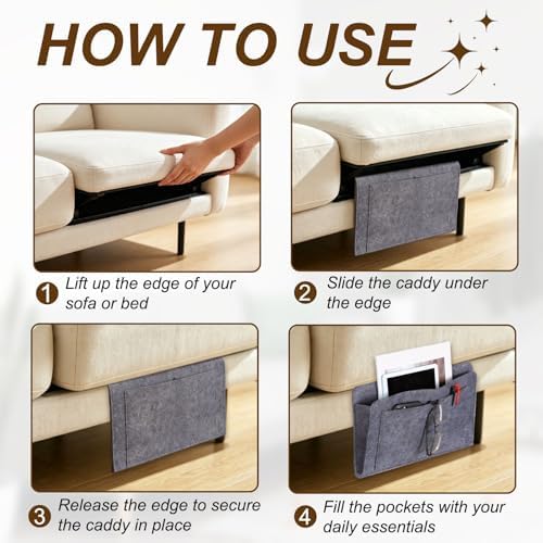 uxcell 4 Pockets Bedside Caddy, 11x3x9 Inch Felt Hanging Bedside Storage Organizer, Bed Hanging Storage Bag Holder for Magazine Book Remote Control Bed Sofa College, Gray