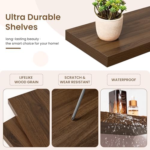 36in Floating Shelves for Wall, 36"W x 9.25"D x 1.25"H, 2 Pack Long Wall Mounted Engineered Wood Shelves with Invisible Brackets for Living Room, Bedroom, Bathroom, Kitchen Decor and Storage, Walnut