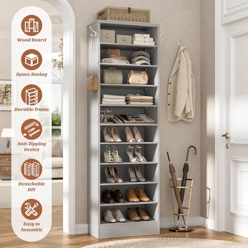 Aheaplus 10 Tiers Narrow Wood Shoe Rack, Tall Shoe Storage Cabinet, Grey