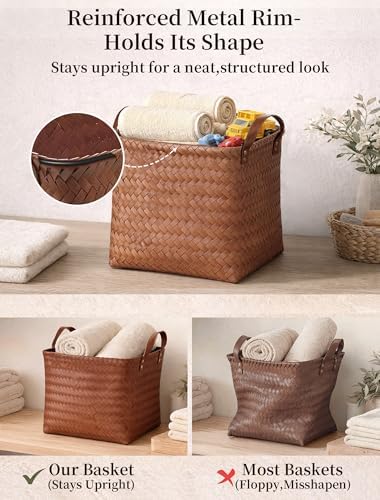 Wicker Storage Baskets, 4 Pack Woven Baskets for Shelves, Brown