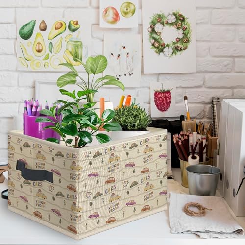 Vintage Car Nursery Foldable Storage Bins Box with Handles, Neutral Car Vehicle Collapsible Toys Books Clothes Organizer Basket for Kids Nursery Room Bedroom Bathroom Playroom