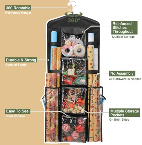 EXLIFBAG Wrapping Paper Storage, Double-Sided Hanging Storage, Black | Gift Wrap Organizer with Over-Door Hook, 600D Oxford Fabric, Clear PVC Pockets, 16 x 41 inch