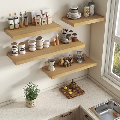 Vivelove Deep Floating Shelves 48x12” Set of 2, Oak | Easy Install With Hardware, 2" Thick, Invisible Brackets, Wall Mounted, No Sagging, For Any Room