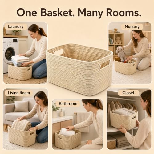 22.8GAL Xl Extra Large Laundry Basket for Bathroom, Dorm dirty Clothes, Sturdy Portable Aesthetic Boho Cute Woven Storage Shoes Blanket Baskets for Living Room Decor Girls Boys Pets Toys Oatmeal