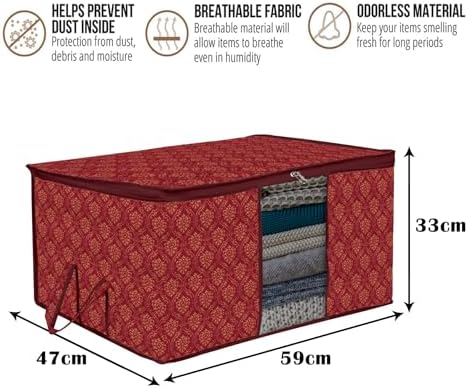 Kuber Industries Pack of 12 Non Woven Underbed Storage Organizer | Storage Bags For Clothes, Blanket | Clothes Storage Bag For with Handle & Visible Window | Golden Printed - Maroon