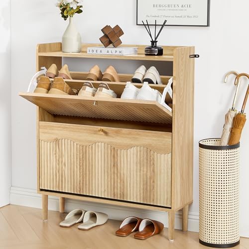 BERRYMERRY Oak 31.5" Fluted Shoe Storage Cabinet with 2 Flip Drawer