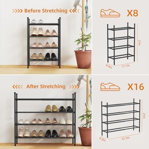 Uneviesyka Expandable Shoe Rack Organizer,Adjustable and Stackable Shoe Storage Shelf,Heavy Duty Metal Small Shoe Rack for Closet Entryway Bedroom (Black, 4 Tier)