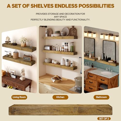 Floating Shelves 3 inch Thick for Wall Set of 2,Solid Pine Wood Wall Mount Shelf for Kitchen Living Room Bedroom Bathroom,8" D x 36" L x 3" H-Distressed Black Walnut