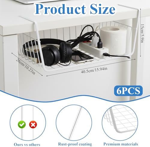 6 Pack Under Shelf Basket, Slide in Wire Hanging Storage Baskets, Slides Under Wire Shelves, Undershelf Hanging Storage Bin Basket for Kitchen, Pantry, Counter, Desk Bookshelf (White)