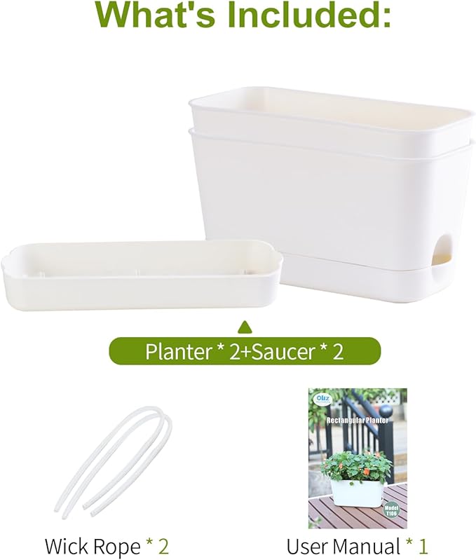 Oliz Self Watering Planters: 2 Packs Rectangular Plant Pots with with Drainage and Tray, 10 Inch Window Pot Self Watering Planter for Herb, Houseplants