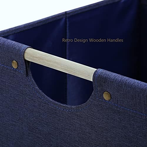 HOONEX Large Foldable Storage Bins, Linen Fabric, Pack of 2, Storage Baskets with Wooden Carry Handles and Sturdy Heavy Cardboard, for Home, Office, Car, Nursery, Blue