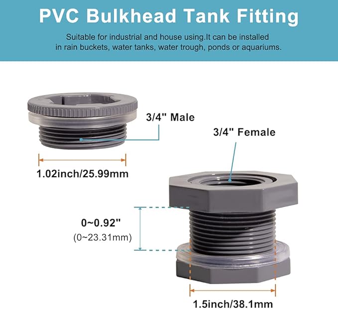 Ququyi 3/4 Inch PVC Bulkhead Water Tank Connector Adapter Fitting with Plugs Thru-Bulk Pipe Fitting for Rain Barrels, Aquariums, Ponds(Set of 3)