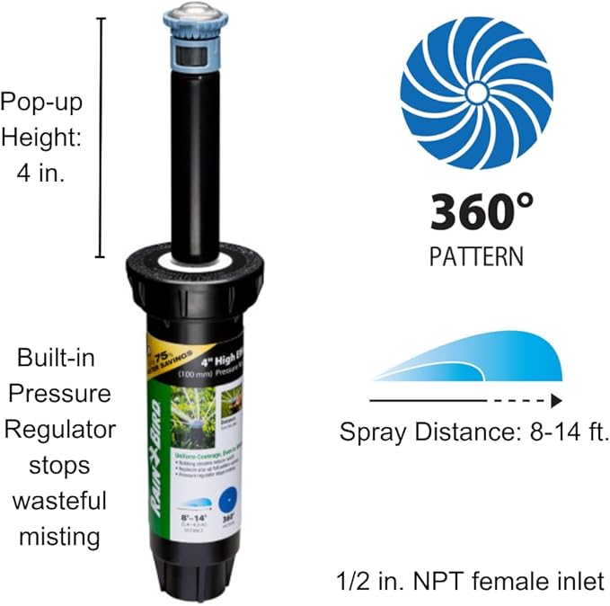 Rain Bird 8SAFPROPR Pressure Regulating (PRS) High-Efficiency Pro Rotary Sprinkler, 360° Full Pattern, 8' - 14' Spray Distance, 4" Pop-up Height
