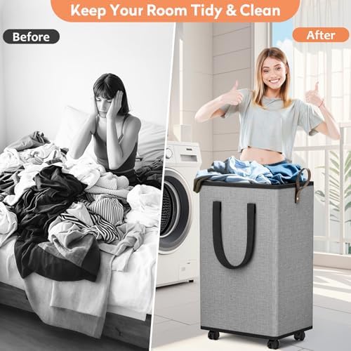 SpaceTrove Rolling Laundry Basket with Wheels, Laundry Hamper, 100L, Grey | Collapsible, 4 detachable wheels including 2 with brakes, sturdy handle, metal frame, for dorms, bathrooms and bedrooms