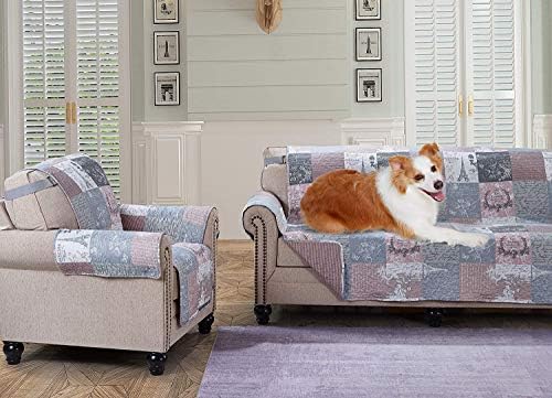 Brilliant Sunshine Latte Grey Paris & Toile Patchwork Couch Cover, 70" seat