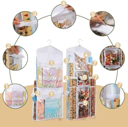 EXLIFBAG Wrapping Paper Storage, Double-Sided Hanging Storage, White | Gift Wrap Organizer with Over-Door Hook, 600D Oxford Fabric, Clear PVC Pockets, 16 x 41 inch